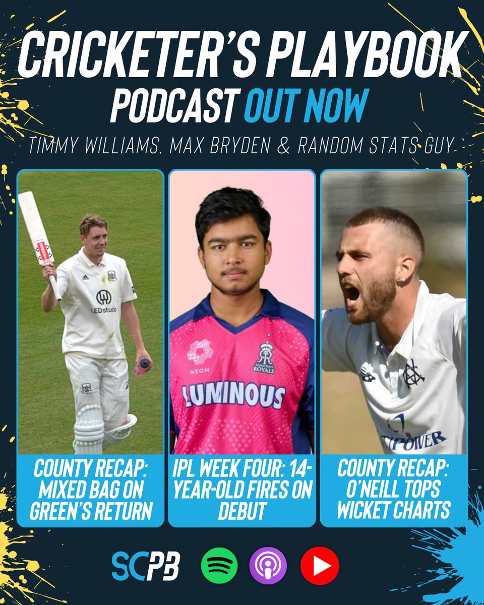 From 14-year-old #IPL debutants (that fired), to starring moments from Cam Green and Fergus O'Neill in their UK County cricket stints...

The Cricketer's Playbook podcast is live with <a href="/timwill94/">Tim Williams</a>, <a href="/max_smart/">Max Bryden</a> &amp; <a href="/randostatsguy/">Random Stats Guy</a> on YouTube &amp; Apple/Spotify 📺 shorturl.at/LjCN8