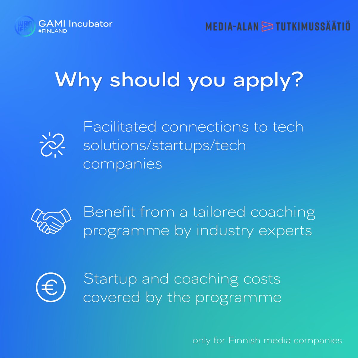 🇫🇮 📣Eager to solve a challenge in the field of personalisation, data science, data journalism, fact-checking and more ?     

✅ Apply to be part of the first GAMI Incubator #Finland programme!  👉lnkd.in/ecBFNzZ8

Learn more about the programme: mediaalantutkimussaatio.fi/wp-content/upl…