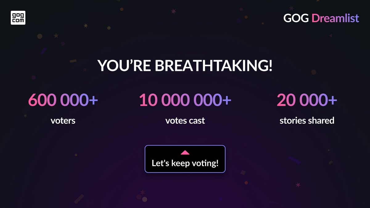 You are absolutely amazing 💜 It’s hard to find words to express how grateful we are for your contributions on the GOG Dreamlist, and how impressive they are! The power of the gaming community can truly move mountains, and the GOG Dreamlist is your tool to do just that.

Just