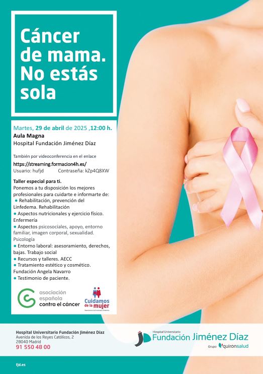 #Agenda 📆 Mañana celebraremos una nueva edición del taller "No estás sola", dirigido a mujeres con #cáncer de mama. Te esperamos a las 12:00h. en nuestra Aula Magna o síguenos en: f.mtr.cool/lrvsrxyynl con el usuario "hufjd" y la contraseña "kZp4Q8XW"