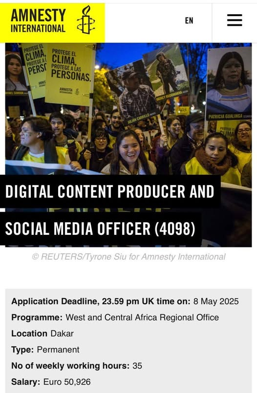 APPLY | Digital Content Producer and Social Media Officer

<a href="/amnesty/">Amnesty International</a> is looking for a dynamic and creative Digital Content Producer and Social Media Officer to join our West &amp; Central Africa Regional Office in Dakar. This exciting role is at the heart of our storytelling and
