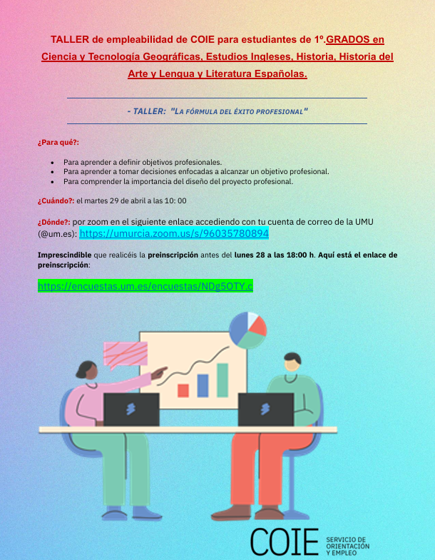 LetrasUMU's tweet photo. Atención se van a celebrar los Talleres COIE de empleabilidad:
✅- Estudiantes de 1º de los Grados en Ciencia y Tecnología Geográficas, E.Ingleses, Historia, H.del Arte, Lengua y Literatura Españolas.
⏰- 29 de abril de 2025.
⚠️- Preinscripción antes del 28 de abril a las 18h. https://t.co/lhKtnSLY2e