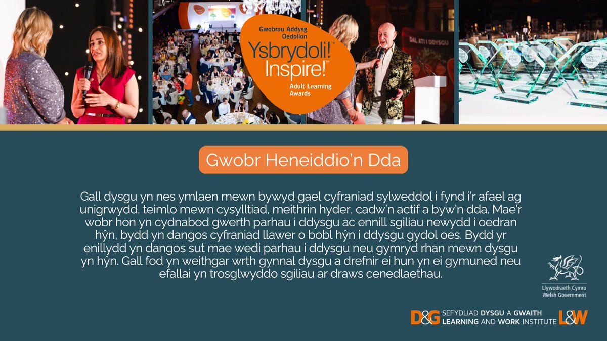 Dysgu a Gwaith Cymru | Learning and Work Wales (@learnworkcymru) on Twitter photo Mae cyfraniadau dysgwyr hĹ·n yn hanfodol ar gyfer dysgu gydol oes!đź’š
Mae ein Gwobr Ysbrydoli! Heneiddio’n Dda yn dathlu unigolion dros 60 oed sy’n parhau i ddysgu a chyfoethogi ein cymunedau gyda’u sgiliau a’u profiadau.
Enwebwch nhw heddiw👇🏽
sefydliaddysguagwaith.cymru/maer-hyn-a-wna… Mae cyfraniadau dysgwyr hŷn yn hanfodol ar gyfer dysgu gydol oes!💚
Mae ein Gwobr Ysbrydoli! Heneiddio’n Dda yn dathlu unigolion dros 60 oed sy’n parhau i ddysgu a chyfoethogi ein cymunedau gyda’u sgiliau a’u profiadau.
Enwebwch nhw heddiw👇🏽
sefydliaddysguagwaith.cymru/maer-hyn-a-wna…