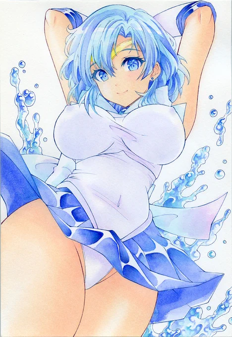 こんばんは。美少女戦士セーラームーンセーラーマーキュリー水野亜美ちゃんアナログイラストです(再掲) 