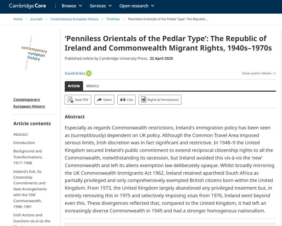 #Commonwealth #migration remains v significant to the (British) Isles story yet the #Irish🇮🇪 dimension is overlooked. So it's great to publish new article highlighting its significant discretion &amp; generally more restrictive approach during 1950s, 60s &amp; 70s cambridge.org/core/journals/…