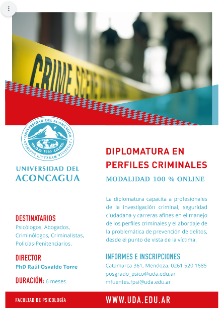 marjavifu's tweet photo. Inscripciones abiertas Diplomatura en perfiles criminales-100% on line, director Dr.Raúl Torre.Inicio Mayo 2025. Inscripciones. https://t.co/D5rd7y5GrC https://t.co/0AvAbHRyqF