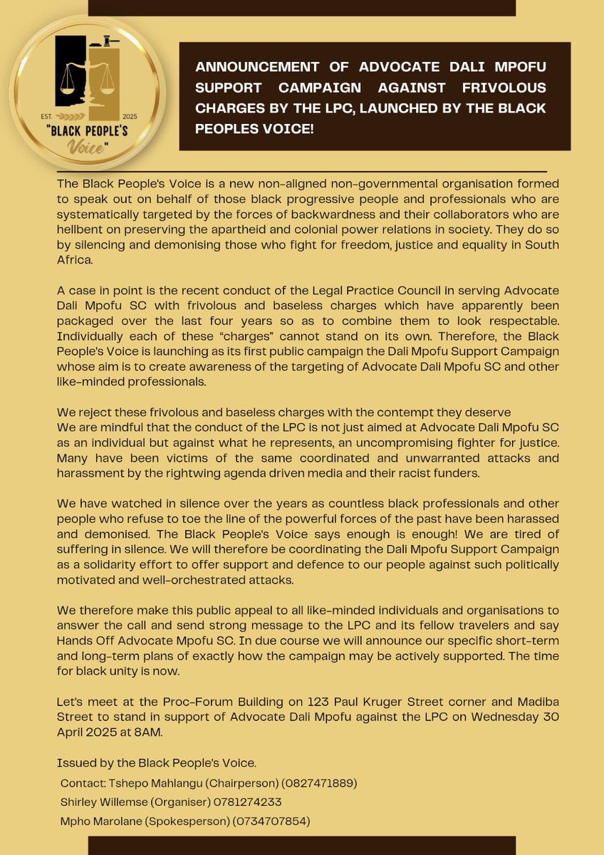 MasingaMbalenhl's tweet image. ANNOUNCEMENT OF ADVOCATE DALI MPOFU SUPPORT CAMPAIGN AGAINST FRIVOLOUS CHARGES BY THE LPC, LAUNCHED BY THE BLACK PEOPLES VOICES #HandsOFFAdvDaliMpofu