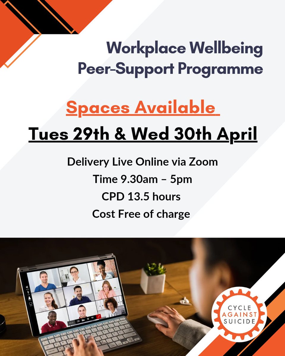 CASuicide's tweet image. Due to a cancellation we have last minute availability on this week's Workplace Well-being Peer Support Programme ⏬
cycleagainstsuicide.com/workplace-well…