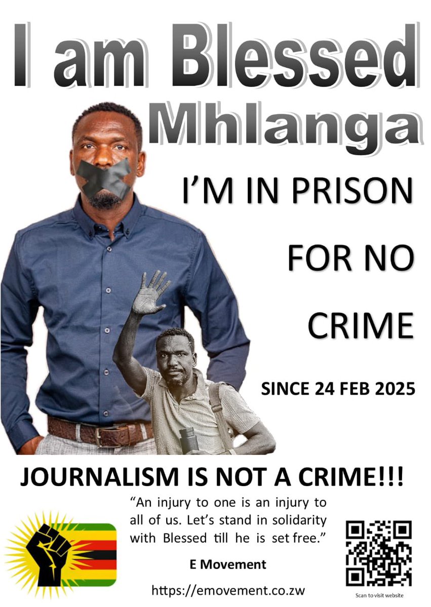 ChiombaCh1343's tweet photo. “Blessed Mhlanga’s only crime is speaking the truth. Every second he’s detained is a blow to freedom. Bring him home. #FreeBlessedMhlanga”
#Journalismisnotacrime 
#HumanRights https://t.co/VlT3mXv1wc