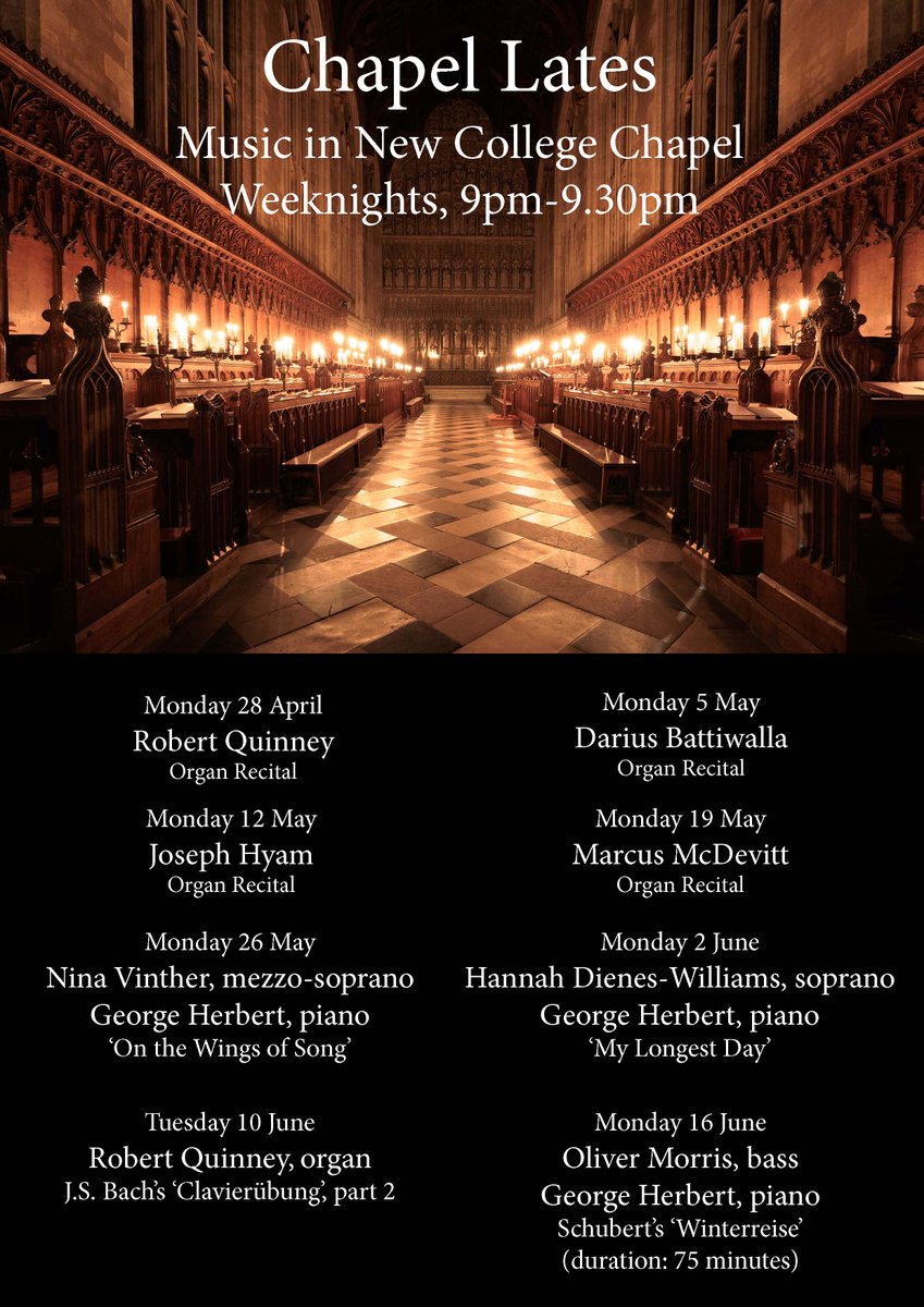 This term's recital series, Chapel Lates, begins this evening! Robert Quinney will play Elgar's iconic Organ Sonata in G. Join us in New College Chapel or on YouTube Live at 9pm this evening, Monday 28 April. youtube.com/live/FAc6ICOBU…