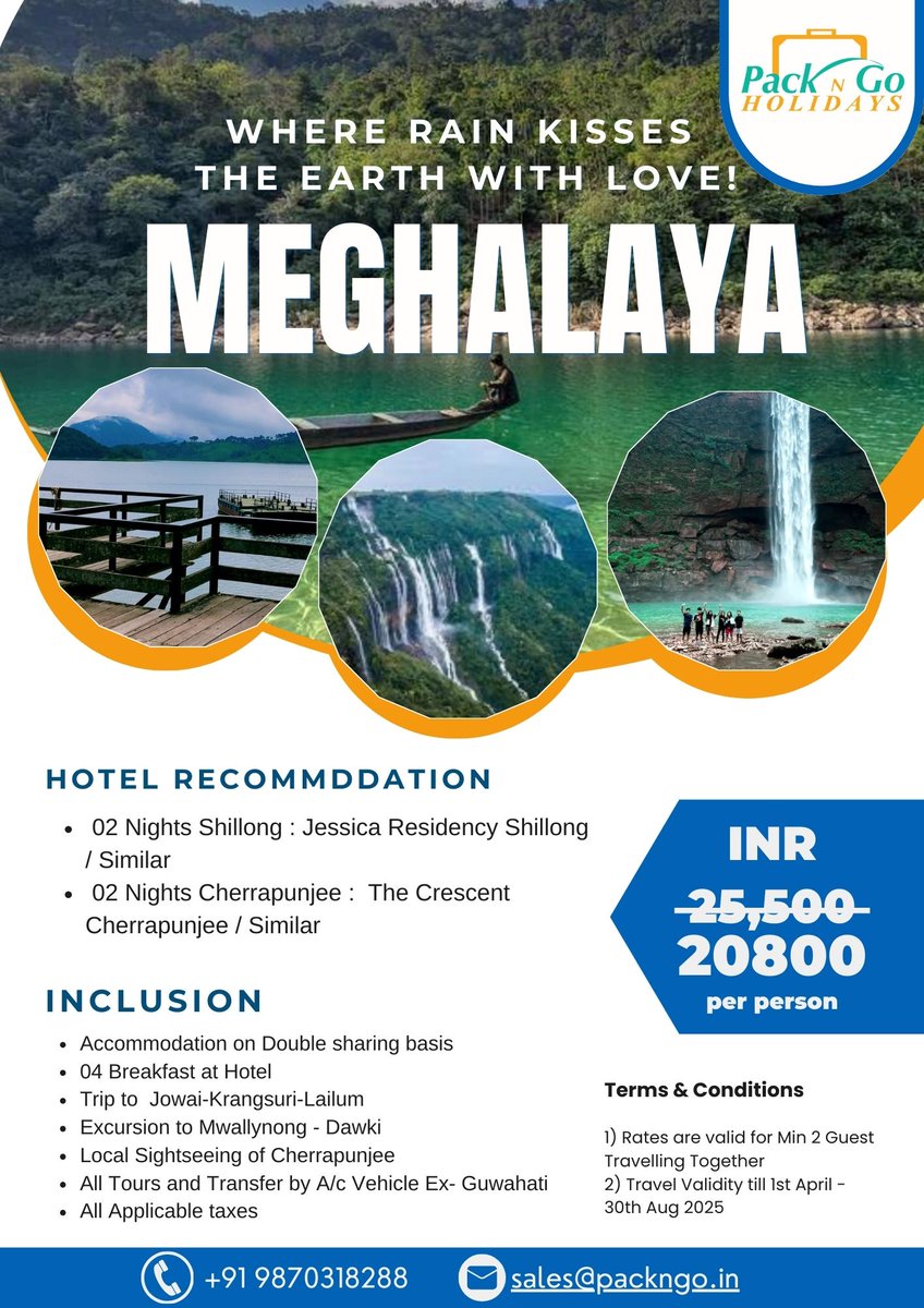 Explore the breathtaking beauty of Meghalaya!

Destination: Shillong (2N) + Cherrapunjee (2N)

Contact us @ 9870318288 or Whatsapp +917042519001

#MeghalayaTourism #NorthEastIndia #TravelIndia #HolidayPackages #TravelDeals #SummerVacation #TravelOffers #SummerGetaway #PackNGo