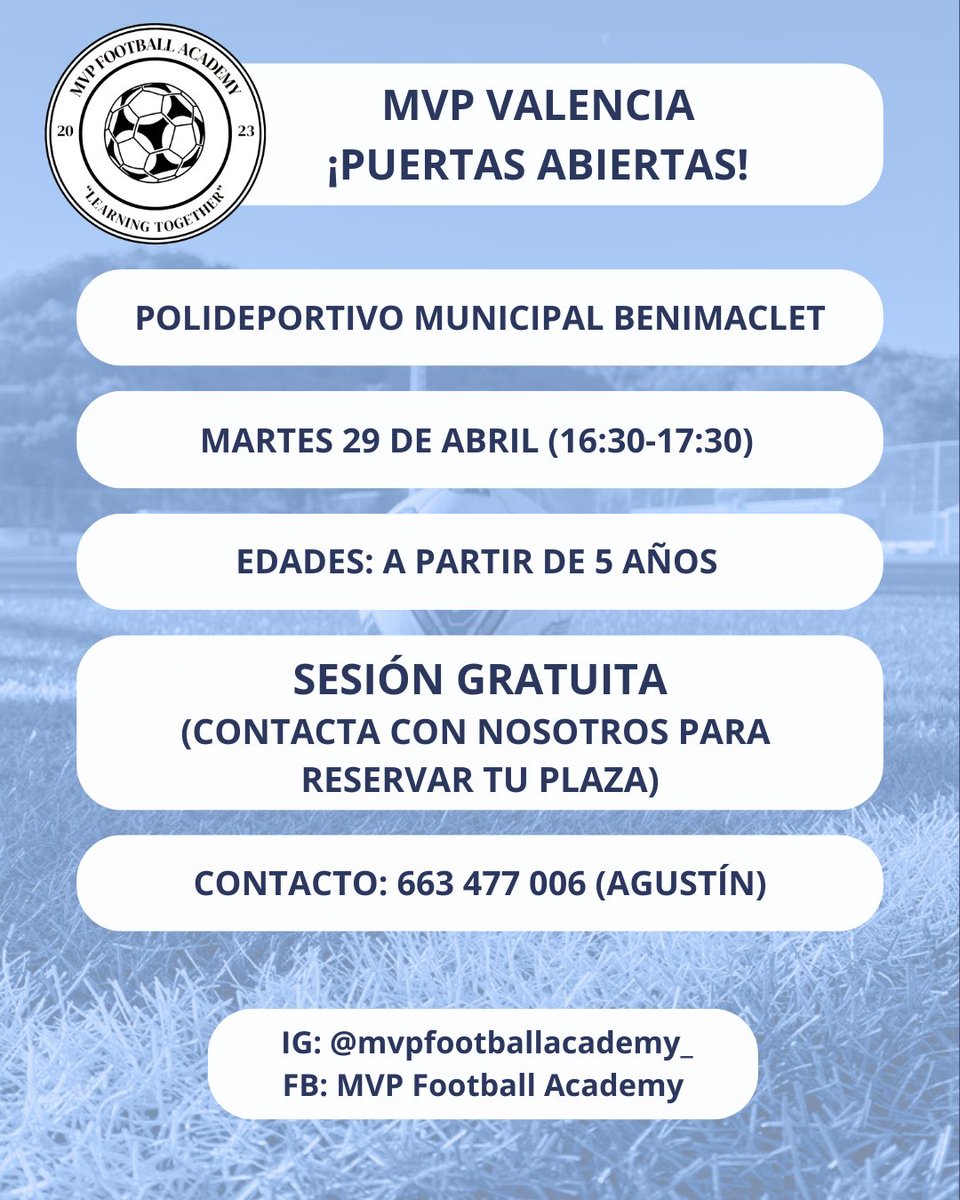!Puertas abiertas!⚽

Este martes de 16:30 a 17:30 organizamos una sesión de entrenamiento gratuita de una hora para todos aquellos que se inscriban✍️

¡No pierdas la oportunidad de vivir de primera mano nuestra metodología de entrenamiento en Valencia!🏠

¡Te esperamos!