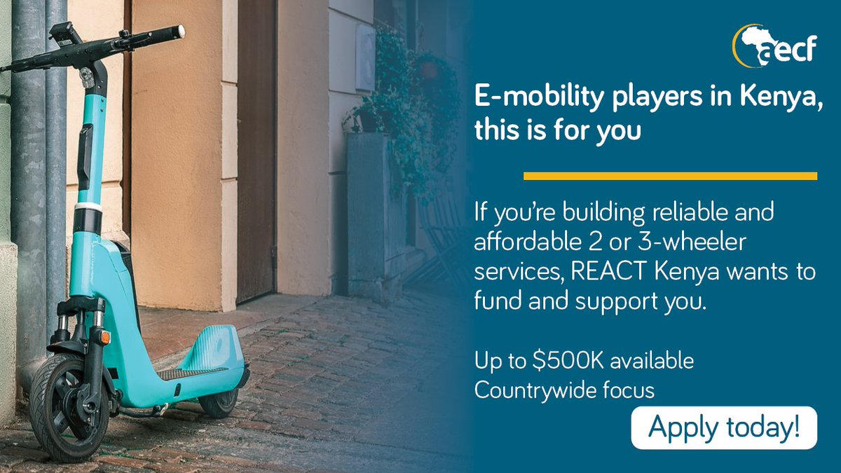From clean energy to waste recycling to electric 2- and 3-wheelers, your innovations can change lives. With REACT Kenya, you can get the funding and technical assistance you need.

Applications now open. Learn more from the link below: aecfafrica.org/approach/our-p…