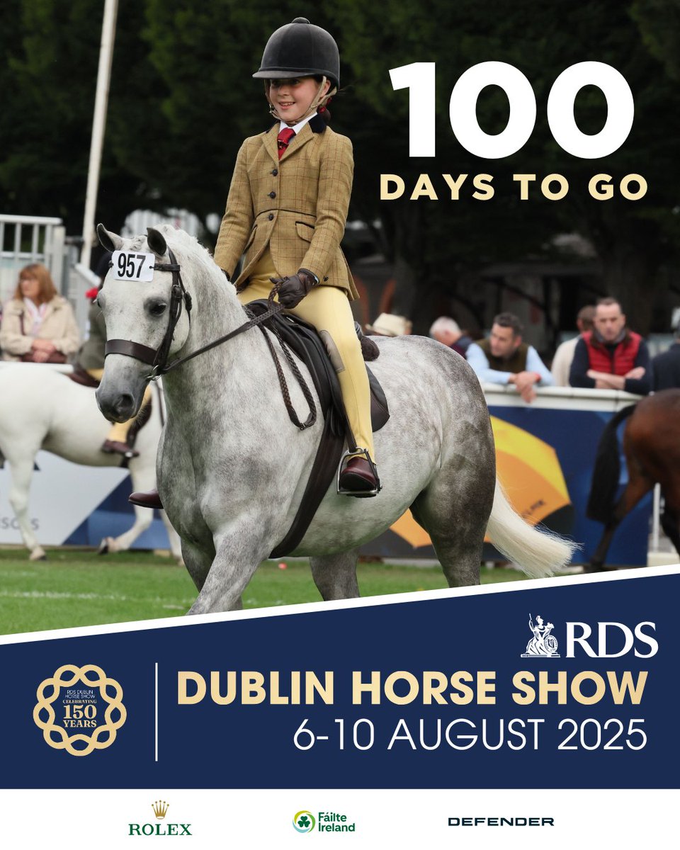 DublinHorseShow's tweet photo. 100 days to go until the Dublin Horse Show returns to the RDS. Be part of the 150th celebration – experience a day out like no other.

Tickets on sale now - https://t.co/qsBYTgFl0G

#DublinHorseShow #DHS150 #RDSDublin https://t.co/lIhSouGqsw