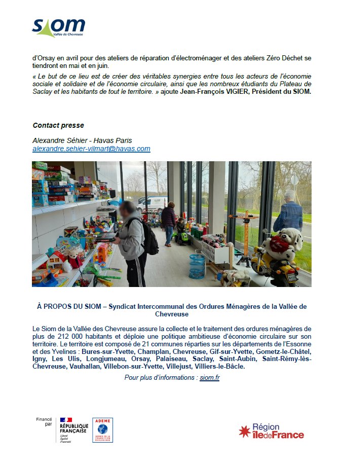 siom_vc's tweet photo. [🚨 Communiqué de #presse]♻️RÉEMPLOI, INSERTION ET INNOVATION : UNE NOUVELLE RESSOURCERIE POUR LE TERRITOIRE PARIS-SACLAY
👉Le SIOM ouvre une ressourcerie de 900 m² au cœur du pôle d’innovation de #Paris-#Saclay, entièrement dédiée à l’#économiecirculaire @jfvigier @dyna_embauche https://t.co/7QRrLS3a9m