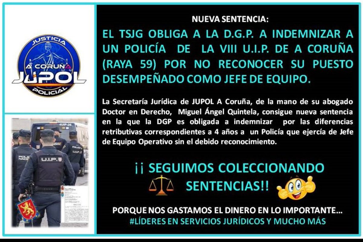 🧑‍⚖️Seguimos cosechando más y más sentencias para nuestros afiliados.

Ahora,  el TSJ de Gal. obliga a la DGP a indemnizar a un policía de la UIP A Coruña por no reconocer su desempeño como Jefe de Equipo.

#EquiparacionYa  y mucho más.
#LideresEnServiciosJuridicos
<a href="/JupolNacional/">JUPOL</a>