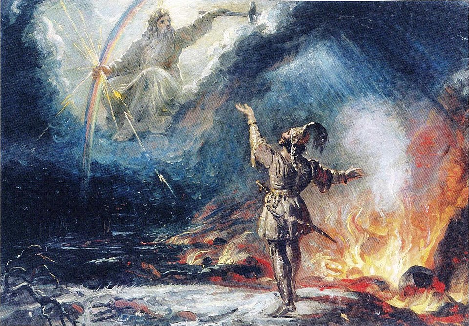 HistoriumU's tweet photo. The Finnish god Ukko controlled the weather with his hammer. Thunderstorms? That was just Ukko forging lightning bolts. If crops failed, people blamed his mood swings—because even gods have bad days. #MythologyMonday

🎨Robert Wilhelm Ekman https://t.co/Udg1SGkp3m