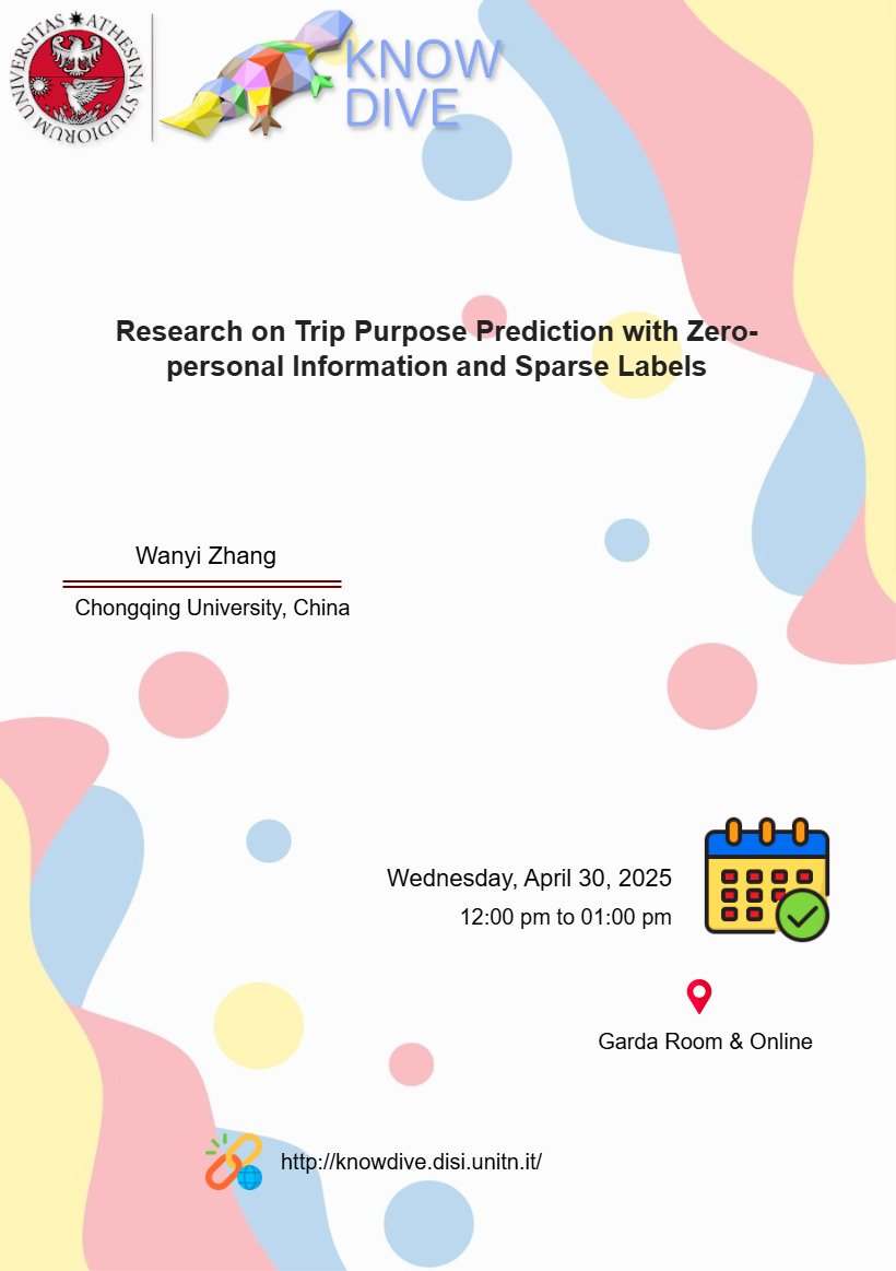 Join us for a Knowdive Group seminar on Wednesday, April 30, from 12:00 pm to 01:00 pm (CEST). Wanyi Zhang will present "Trust as a factor in Human - AI Interaction".   Tune in at: unitn.zoom.us/j/85246297280?…