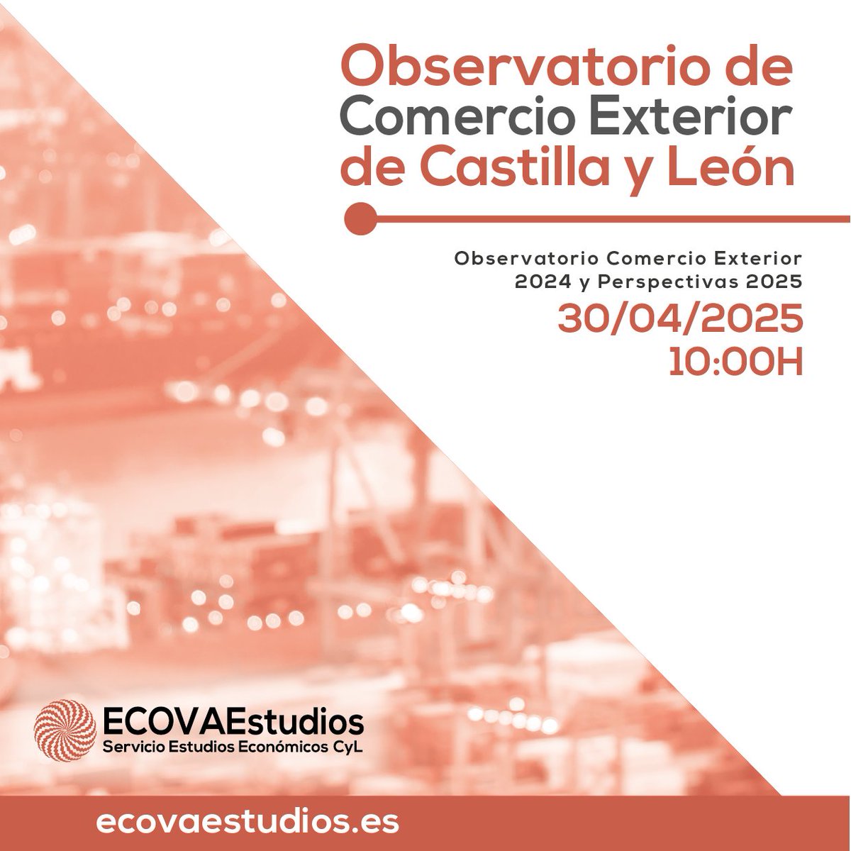 El próximo 30 de Abril a las 10:00h el servicio de #ECOVAEstudios presentará el Observatorio de Comercio Exterior 2024 y perspectivas

Síguelo en directo en 📷ecovaestudios.es
¡NO TE LO PIERDAS!