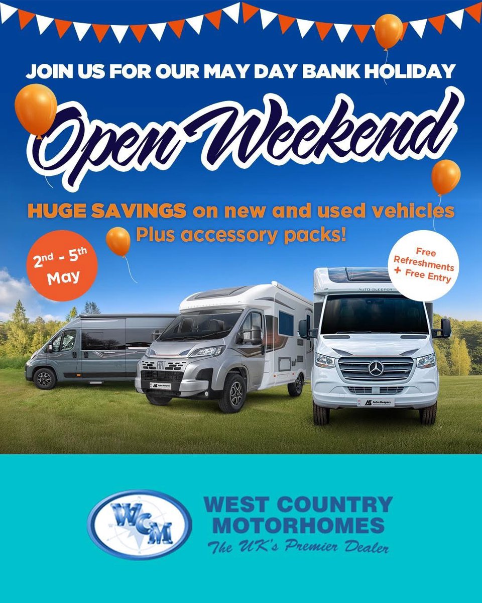 Join West Country Motorhomes this May Bank Holiday weekend!

See a fantastic range of Auto-Sleeper models, with exclusive offers all weekend!

2nd–5th May at Brent Knoll, TA9 4HG. 

Open Fri–Sat 9–5, Sun–Mon 10–4.

#AutoSleepers #OpenWeekend