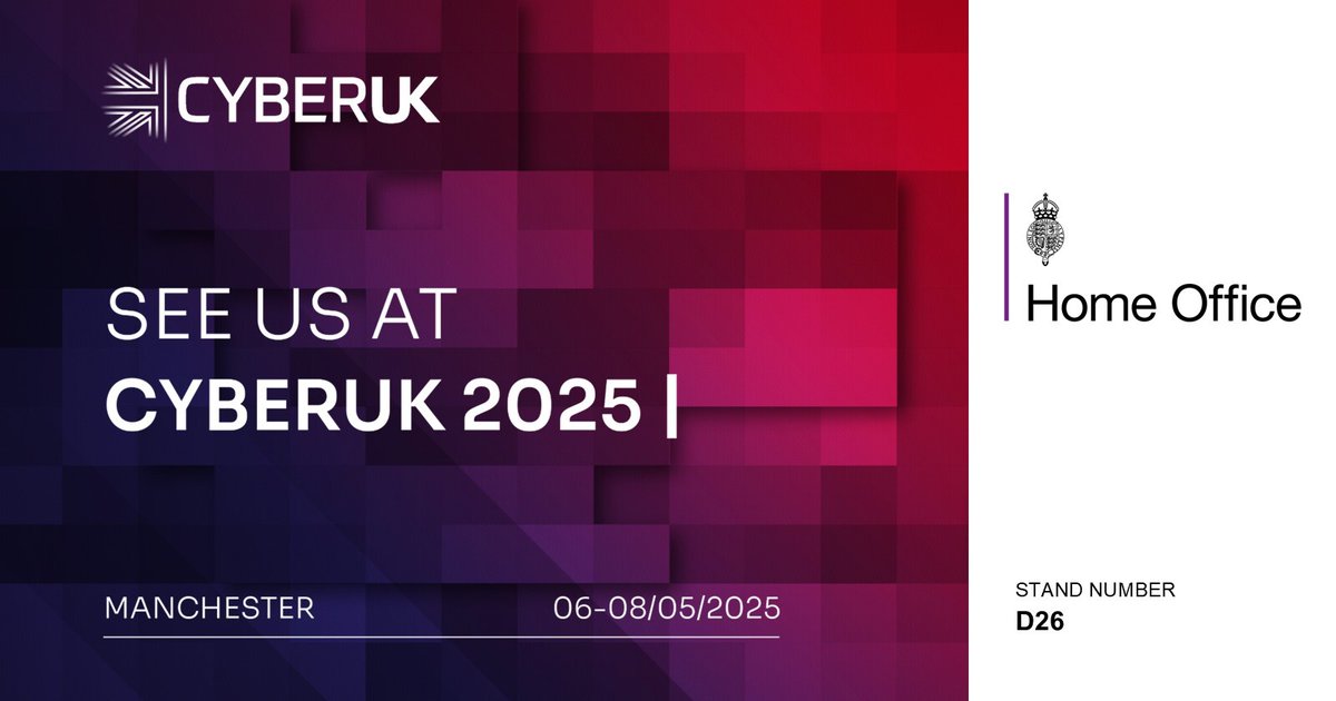 We're excited to announce that the Home Office will attend #CyberUK2025. 

The event is taking place in Manchester Central, and our team will be there on 7th and 8th May. Visit stand D26 to find out more about Cyber Security at the Home Office.

#digitaldataandtechnology