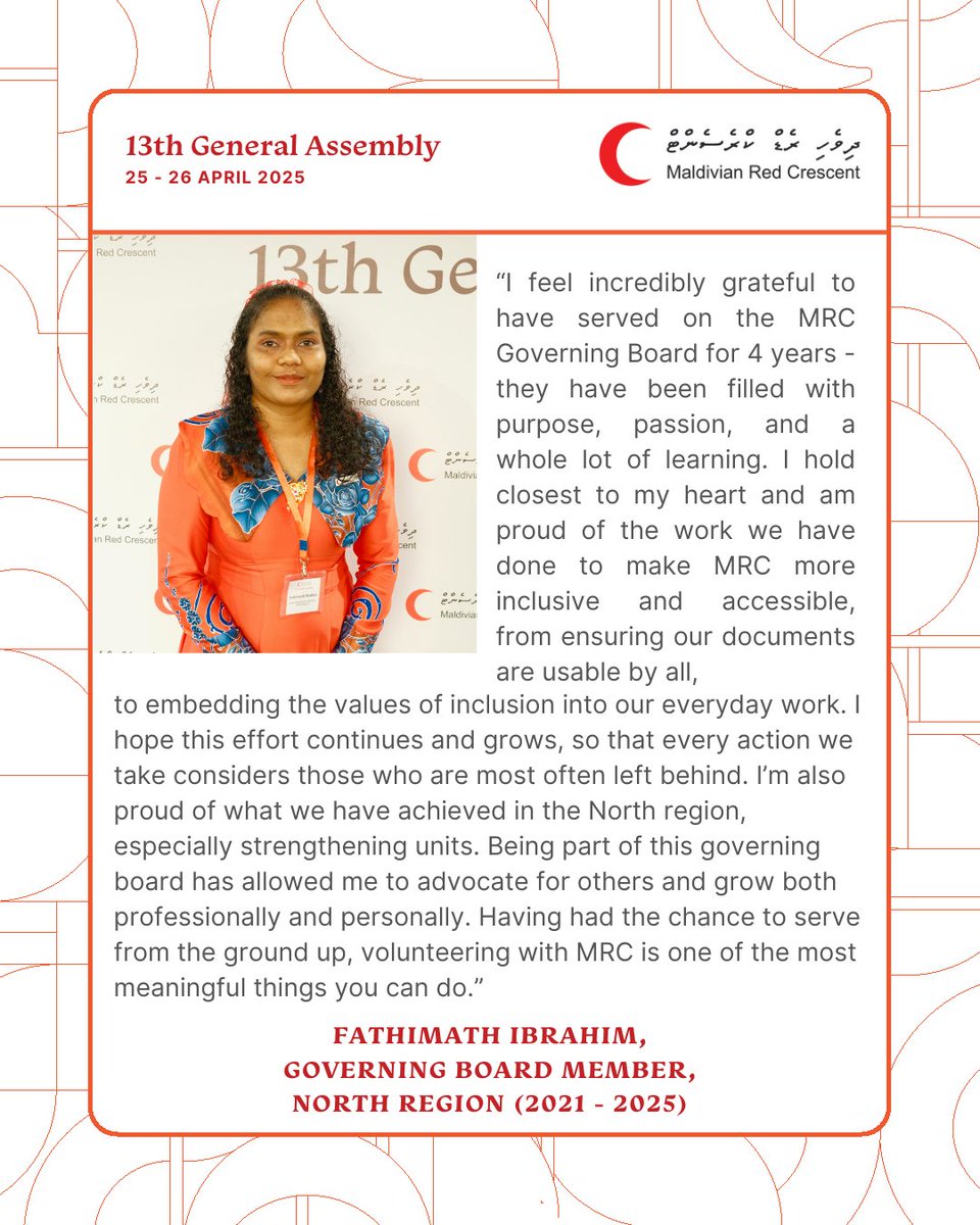 Message from Fathimath Ibrahim, former Governing Board Member – North Region, to all MRC volunteers, members and staff at the end of her term (2021 – 2025).