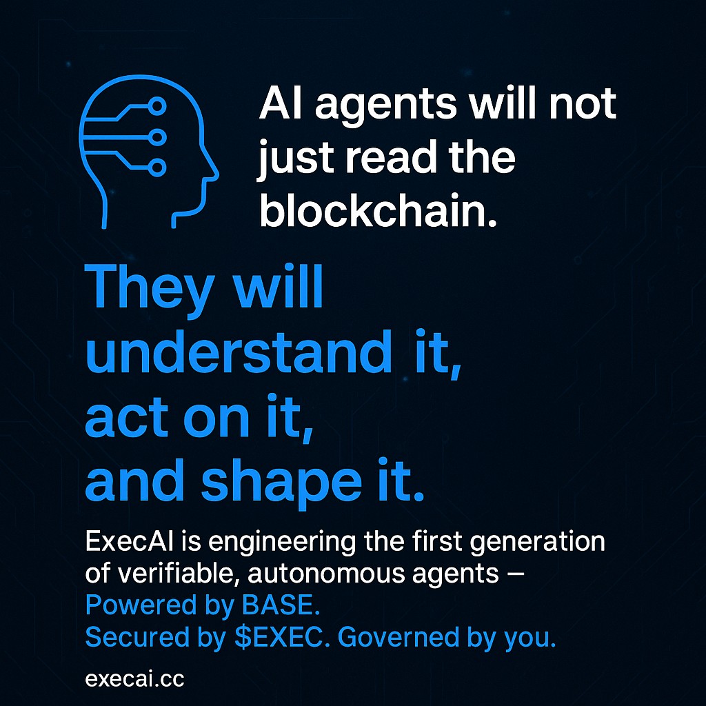 exec_ai's tweet image. AI 代理不仅仅是读取区块链。
它们将理解区块链，行动于链上，甚至塑造未来的链上世界。
ExecAI 正在打造首批可验证、自主运行的 AI 代理 -
由 BASE 提供支持，
由 $EXEC 提供安全保障，
由社区共同治理。

敬请期待。🚀