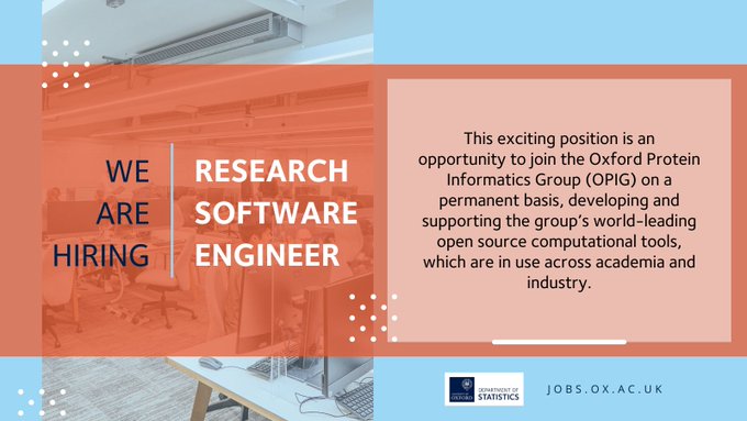 Oxford Protein Informatics Group (OPIG) (@opiglets) on Twitter photo We're hiring a Research Software Engineer to join OPIG and <a href="/OxfordStats/">Oxford Statistics</a>!
This is a permanent role to support the group's world-leading open source tools
Grade 8 salary band ÂŁ48k-ÂŁ57k pa.
Apply by 4th June 2025, noon UK time.
Further details here: my.corehr.com/pls/uoxrecruit… We're hiring a Research Software Engineer to join OPIG and <a href="/OxfordStats/">Oxford Statistics</a>!
This is a permanent role to support the group's world-leading open source tools
Grade 8 salary band ÂŁ48k-ÂŁ57k pa.
Apply by 4th June 2025, noon UK time.
Further details here: my.corehr.com/pls/uoxrecruit…