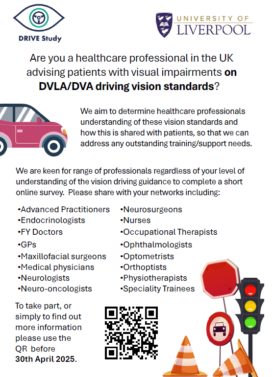 OfficialCAHPR (@officialcahpr) on Twitter photo You have until the 30th April to take part!
If you advise patients with a visual impairment on DVLA/DVA driving vision standards, take part.
It takes 10 minutes to complete the online survey bit.ly/42cMUX5 for the DRIVE study. <a href="/BIOS_Orthoptics/">BIOS</a> <a href="/theRCOT/">Royal College of Occupational Therapists</a> <a href="/thecsp/">Chartered Society of Physiotherapy (CSP)</a> You have until the 30th April to take part!
If you advise patients with a visual impairment on DVLA/DVA driving vision standards, take part.
It takes 10 minutes to complete the online survey bit.ly/42cMUX5 for the DRIVE study. <a href="/BIOS_Orthoptics/">BIOS</a> <a href="/theRCOT/">Royal College of Occupational Therapists</a> <a href="/thecsp/">Chartered Society of Physiotherapy (CSP)</a>