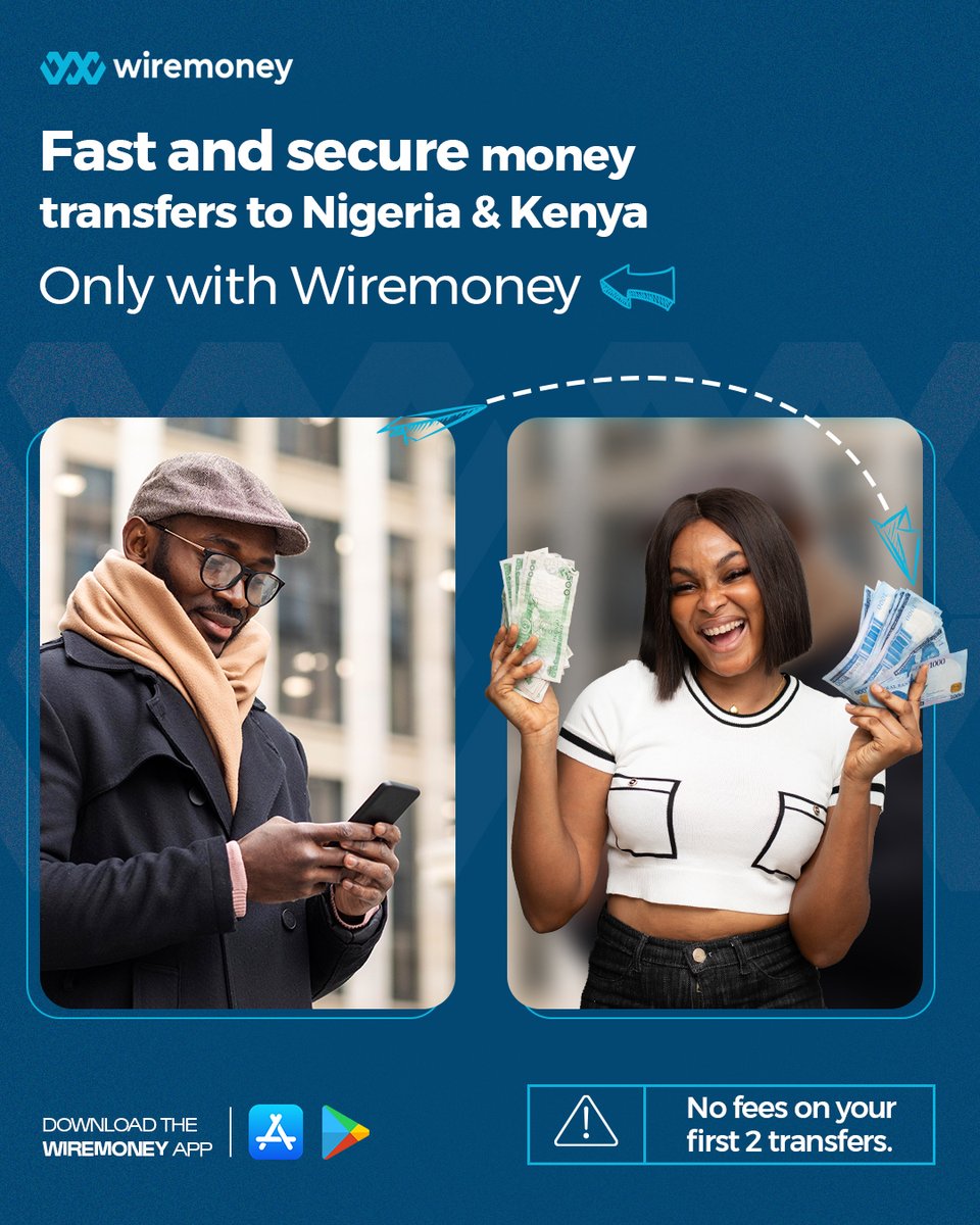 WireMoney_'s tweet photo. Need to send money home? Wiremoney offers fast and secure money transfers to Nigeria and Kenya — with ZERO transfer fees for NEW users only.

Download on App Store📲 https://t.co/Pab1A0XJR6
Download on Play Store https://t.co/PmZtT2QGk3

#InternationalTransfer #FastMoneyTransfer https://t.co/zd7EpuvnUD