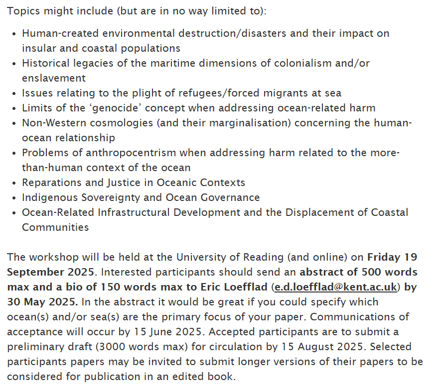 Call for papers for a workshop on "Oceanic Echoes: Unveiling the Genocide-Maritime Connection, Sea by Sea", to be held at Reading (and onlnie)