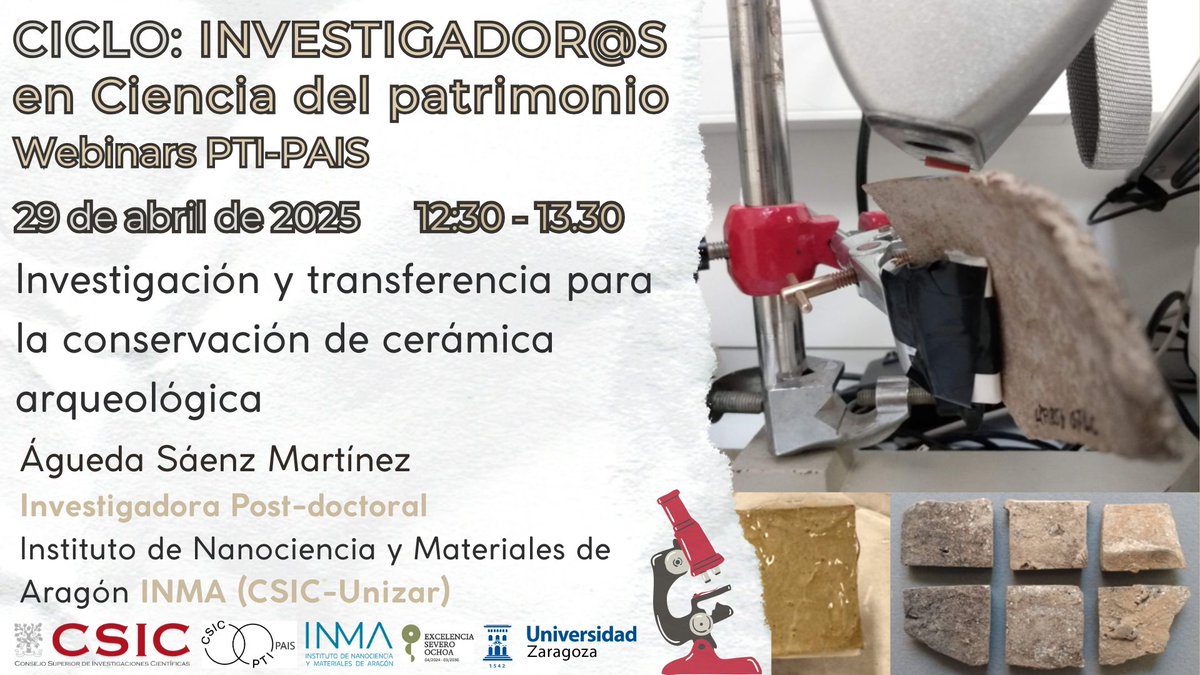 PTI-PAIS: Patrimonio Abierto (@paispti) on Twitter photo 🔔Retomamos el Ciclo de Investigador@s en Ciencia del Patrimonio el
Mañana martes 29 de abril a las 12.30, con Águeda Sáenz Martínez, <a href="/INMAdivulga/">INMAdivulga</a>.
Link: saco.csic.es/call/k2iispqb 🔔Retomamos el Ciclo de Investigador@s en Ciencia del Patrimonio el
Mañana martes 29 de abril a las 12.30, con Águeda Sáenz Martínez, <a href="/INMAdivulga/">INMAdivulga</a>.
Link: saco.csic.es/call/k2iispqb