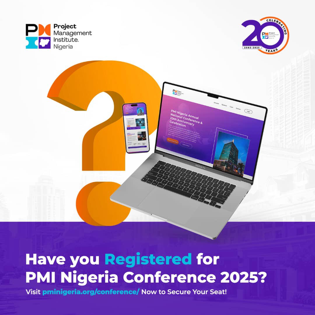 Join us for the biggest Project Management event of the year, PMI Nigeria’s Annual Conference and 20th Anniversary Celebration!

Expect 3 days of power-packed sessions, transformative workshops, non-stop networking, and amazing food!

Register Now
pminigeria.org/conference/#