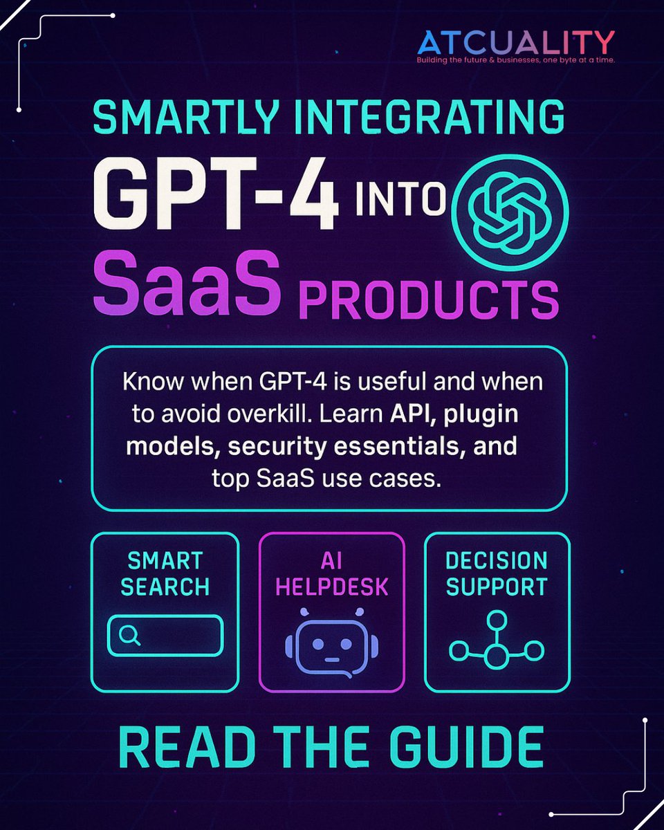 atcuality's tweet image. Want to integrate GPT-4 into your SaaS? 
Start here: APIs, plugin models, secure prompts, and real use cases like helpdesk + reports. 
🛠 Full developer guide → shorturl.at/vHkTB

#gpt4integration #saasbuilder #gptapi #aicopilots #ai #saas #atc #atcuality #Blogs