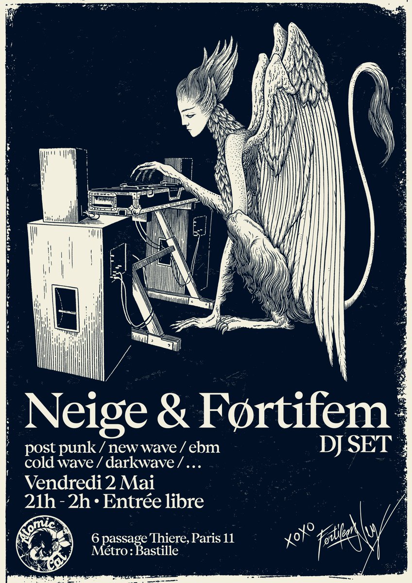Paris! Vendredi!

DJSet 
Førtifem+Neige (d' <a href="/Alcestofficial/">Alcest</a> ✨) 

Musiques sombres et dansantes,
venez renverser des verres sur la piste!
facebook.com/events/1015690…
Entrée libre • Atomic Cat – 6, passage Thiéré, Bastille