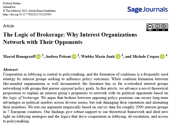 Wiebke Marie Junk (@wmjunk) on Twitter photo Working with "the enemy" is a frequently used lobbying strategy!
In our new article, we study the logic of brokerage & how brokers between opposing policy positions can secure advantages in lobbying.
doi.org/10.1177/003232…
with <a href="/MarcelHanegraaf/">Marcel Hanegraaff</a> <a href="/andrea_pritoni/">Andrea Pritoni</a> & <a href="/michelecrepaz/">Michele Crepaz</a> Working with "the enemy" is a frequently used lobbying strategy!
In our new article, we study the logic of brokerage & how brokers between opposing policy positions can secure advantages in lobbying.
doi.org/10.1177/003232…
with <a href="/MarcelHanegraaf/">Marcel Hanegraaff</a> <a href="/andrea_pritoni/">Andrea Pritoni</a> & <a href="/michelecrepaz/">Michele Crepaz</a>