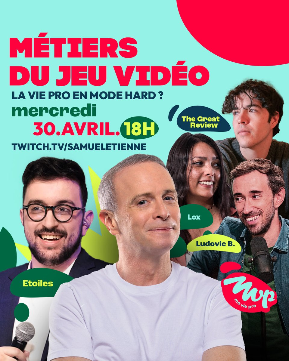 🎮 Les métiers du jeu vidéo
Retrouvez <a href="/SamuelEtienne/">Samuel Etienne</a>, <a href="/TheGreatReview_/">Review</a>, <a href="/Lox2lajungle/">Lox 🌿</a> et <a href="/LudoTatou/">Ludovic B</a> mercredi à 18h sur Twitch pour l'émission MVP !💼

Samuel recevra <a href="/AREtoiles/">Etoiles</a> en tant qu’invité🗣️

➡️ twitch.tv/samueletienne
