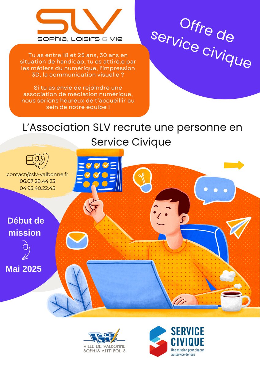 L'association SLV recherche sa ou son service civique à partir de mai 2025. Il faut avoir entre 18 et 25 ans, n'hésitez pas à nous contacter pour plus d’informations au 04.93.40.22.45 ou 06.07.28.44.23