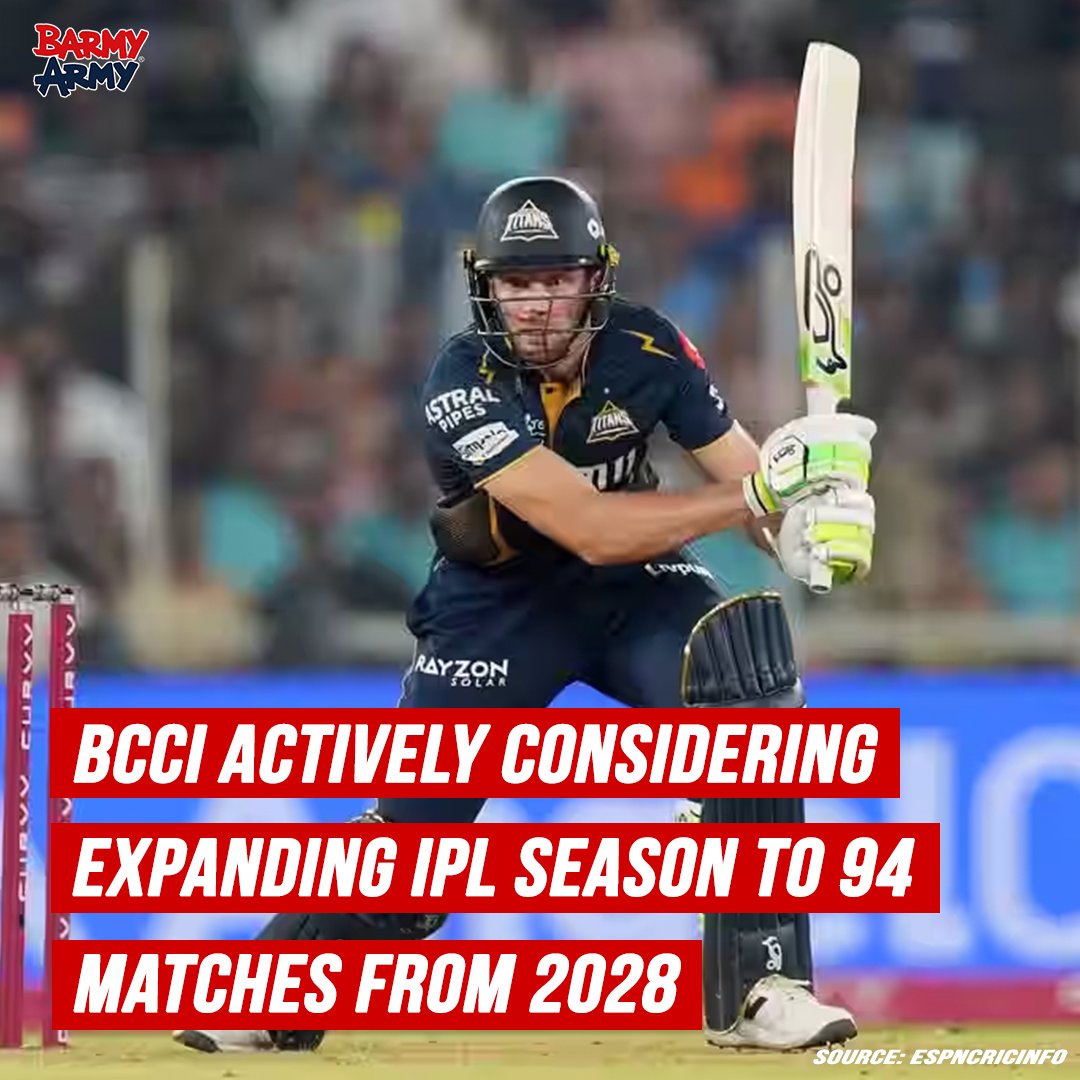 England's Barmy Army ๐ด๓ ง๓ ข๓ ฅ๓ ฎ๓ ง๓ ฟ๐บ (@thebarmyarmy) on Twitter photo The BCCI is actively considering a full home-and-away, 94-match IPL season from 2028 ๐คฏ
Via <a href="/ESPNcricinfo/">ESPNcricinfo</a> The BCCI is actively considering a full home-and-away, 94-match IPL season from 2028 ๐คฏ
Via <a href="/ESPNcricinfo/">ESPNcricinfo</a>