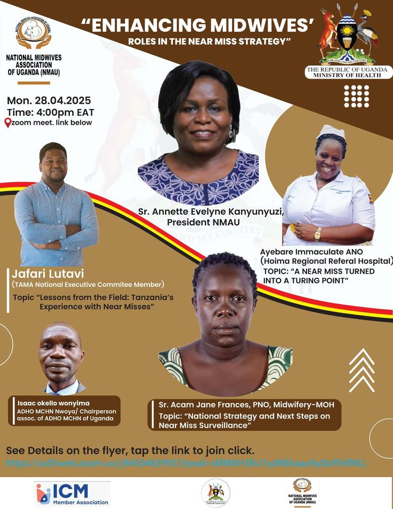 The National Midwives Association of Uganda (NMAU) invites you to this important webinar titled:

👉*Enhancing Midwives’ Roles in the Near Miss Strategy*

Date:  Today, Monday ,28th  April 2025 
Time:4pm 
Via zoom link us05web.zoom.us/j/84504839933?….