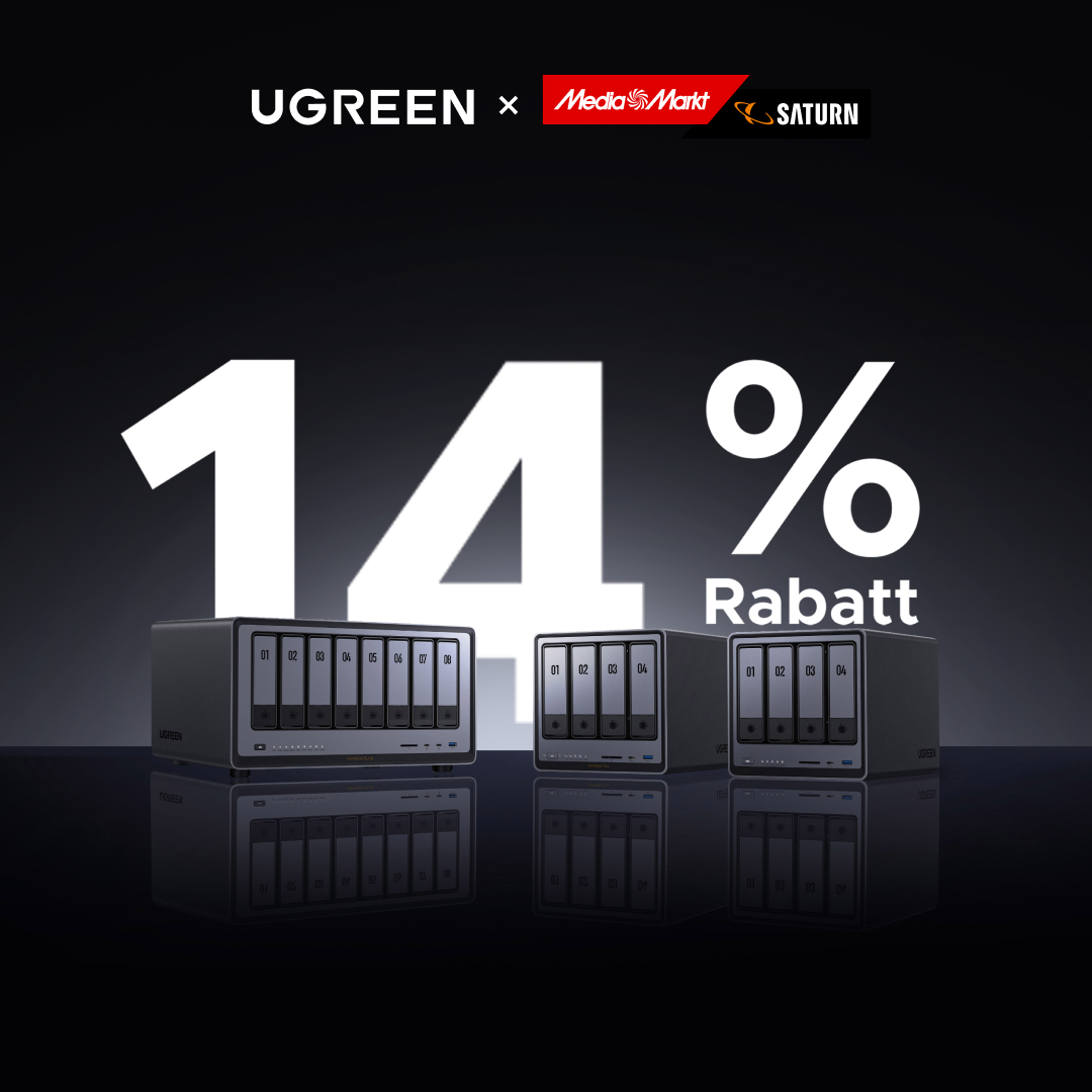 🎉 UGREEN bei MediaMarkt &amp; SATURN! 📦 
Sichere dir 14% Rabatt auf UGREEN NAS-Produkte – nur für kurze Zeit!  

💡 Warum UGREEN NAS?  
📁 Bis zu 208TB Speicher  
🔐 Automatische Backups &amp; mehrere RAID-Modi  
⚡ 10GbE Übertragungsgeschwindigkeiten  

Übernimm die Kontrolle über