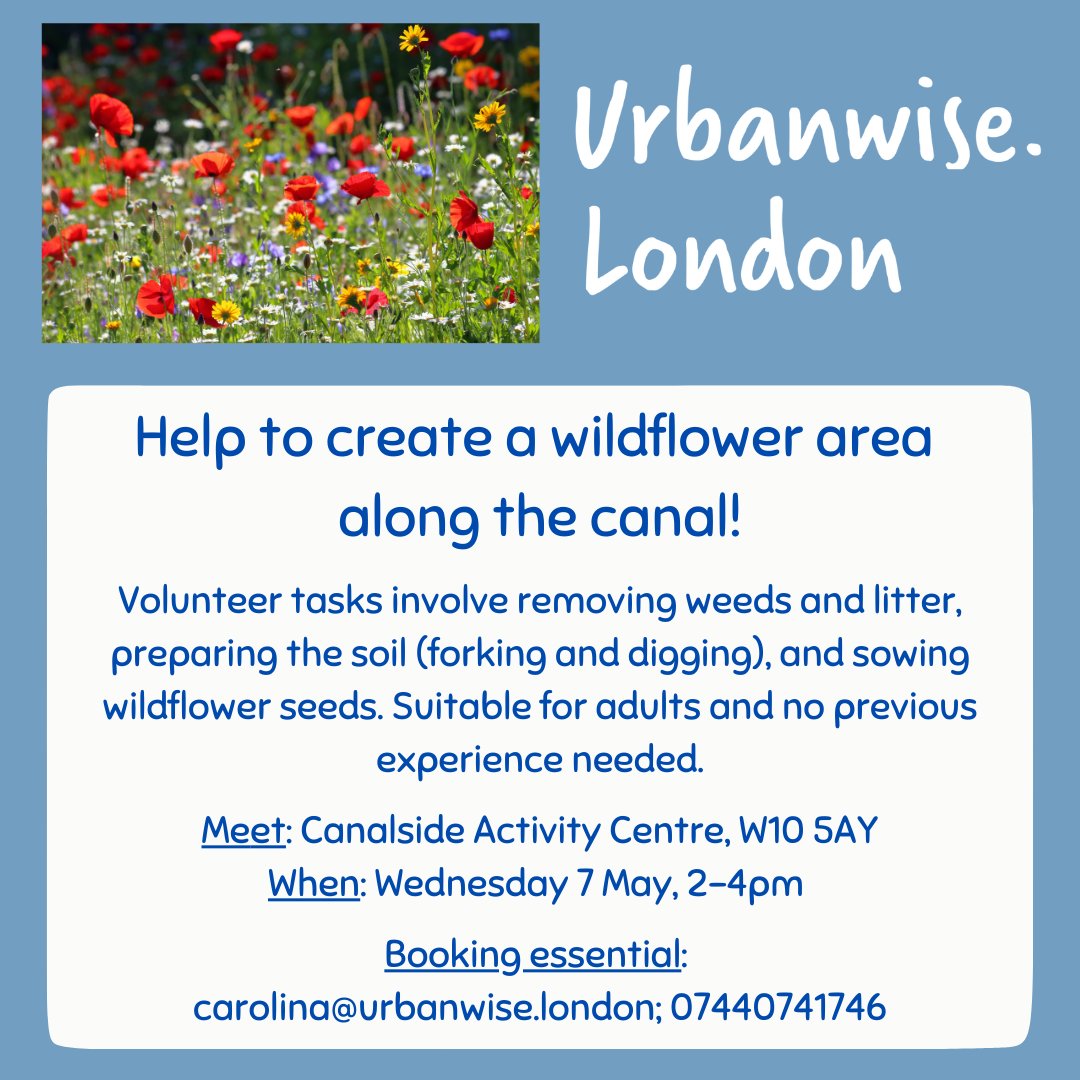 Create a wildflower area along Grand Union Canal next to Canalside Activity Centre. Tasks: removing weeds and litter, preparing the soil (forking/digging) and sowing wildflower seeds.

Book: carolina@urbanwise.london
Meet: Canalside Activity Centre, W10 5AY
When: Wed 7 May, 2-4pm