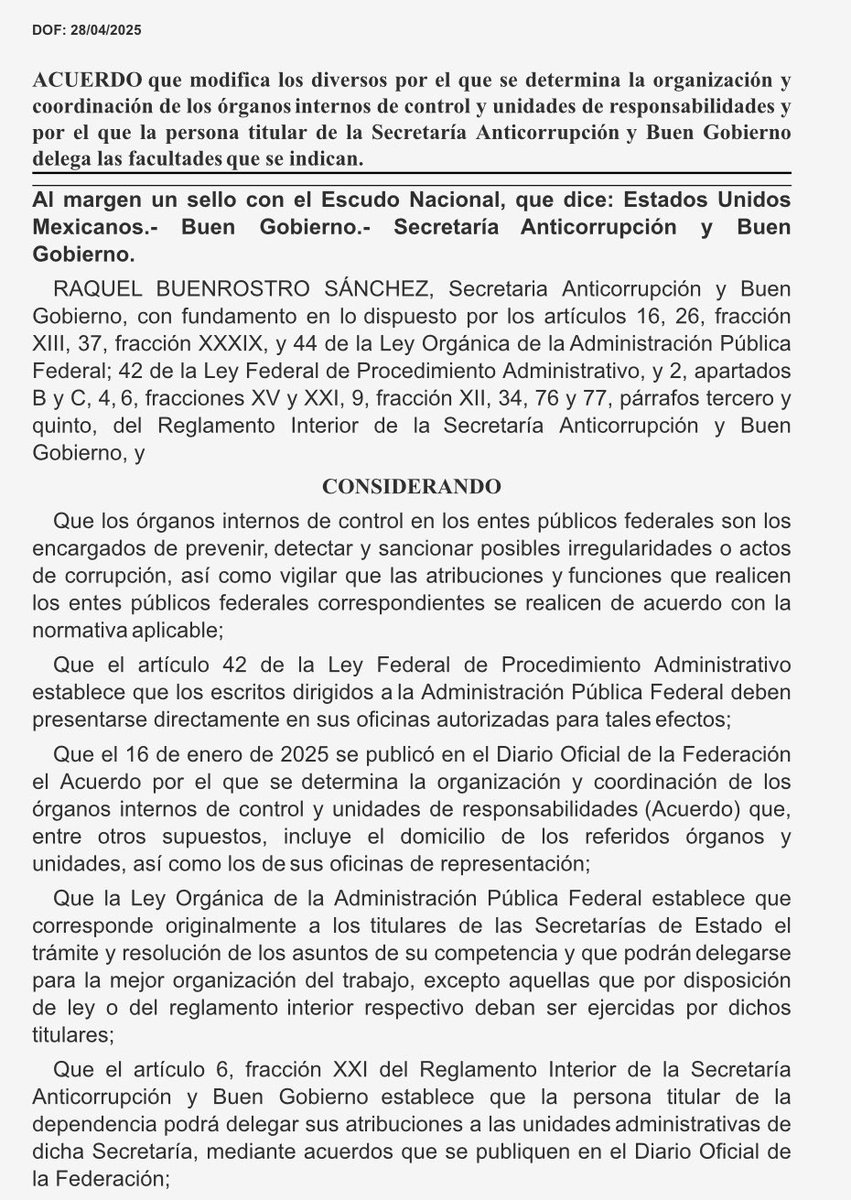 Javier Vargas (@javier_vargas_z) on Twitter photo Se publica en el <a href="/DOF_SEGOB/">Diario Oficial DOF</a> ACUERDO que modifica los diversos por el que se determina la organización y coordinación de los OIC y unidades de responsabilidades y por el que la Secretaria Anticorrupción y Buen Gobierno delega facultades:
dof.gob.mx/nota_detalle.p… Se publica en el <a href="/DOF_SEGOB/">Diario Oficial DOF</a> ACUERDO que modifica los diversos por el que se determina la organización y coordinación de los OIC y unidades de responsabilidades y por el que la Secretaria Anticorrupción y Buen Gobierno delega facultades:
dof.gob.mx/nota_detalle.p…