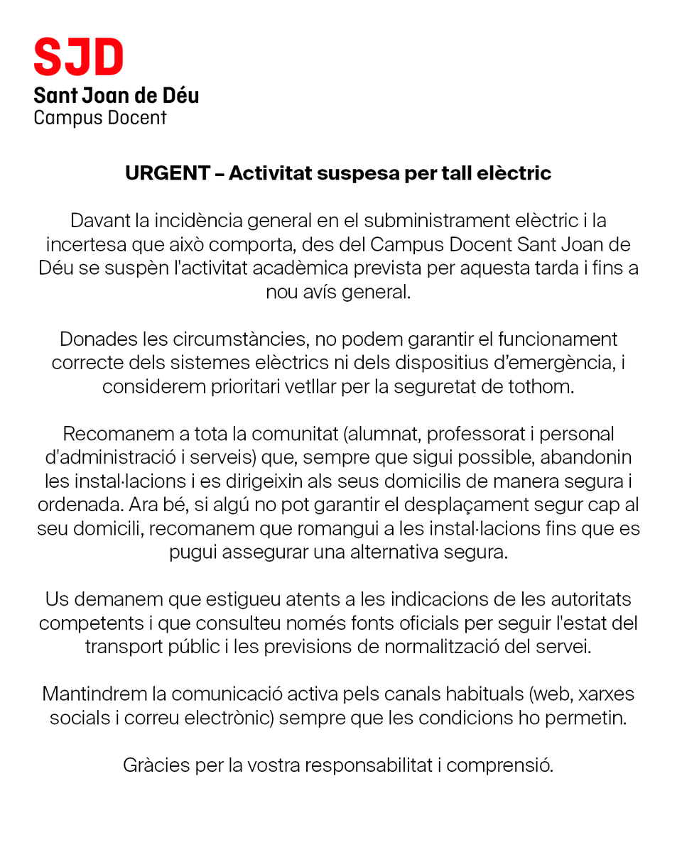 🔌 Davant la incidència elèctrica, el Campus Docent Sant Joan de Déu suspèn l’activitat acadèmica 📷
