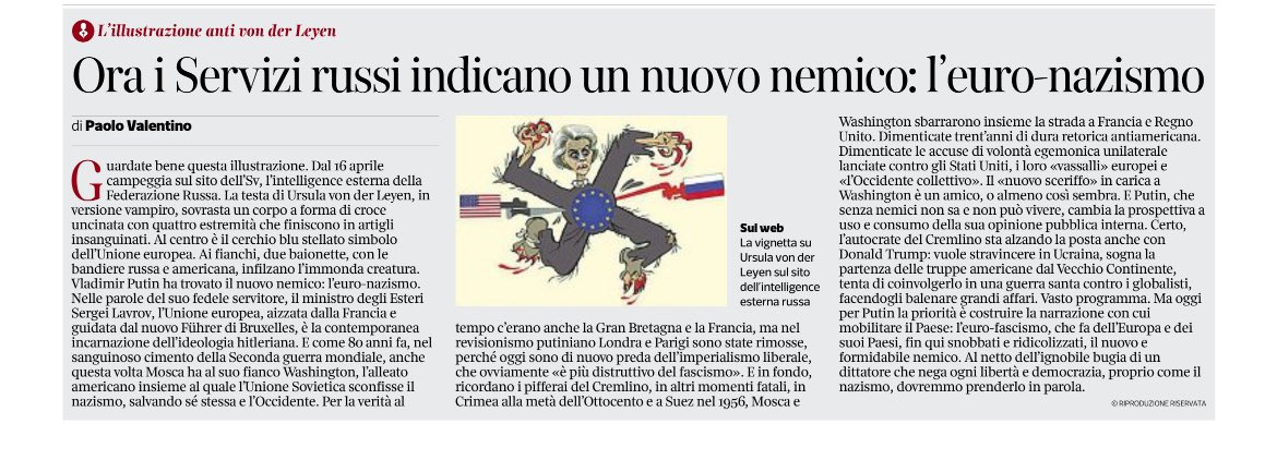 Stefania Battistini (@stefaniabattis4) on Twitter photo Via <a href="/Corriere/">Corriere della Sera</a> “Ora i servizi russi indicano un nuovo nemico: l’euro-nazismo” di Paolo Valentino <a href="/pfvalentino/">paolo f valentino</a>
Ora aspettiamo i vari soggetti che tutti in coro ripeteranno le stesse cose . Via <a href="/Corriere/">Corriere della Sera</a> “Ora i servizi russi indicano un nuovo nemico: l’euro-nazismo” di Paolo Valentino <a href="/pfvalentino/">paolo f valentino</a>
Ora aspettiamo i vari soggetti che tutti in coro ripeteranno le stesse cose .