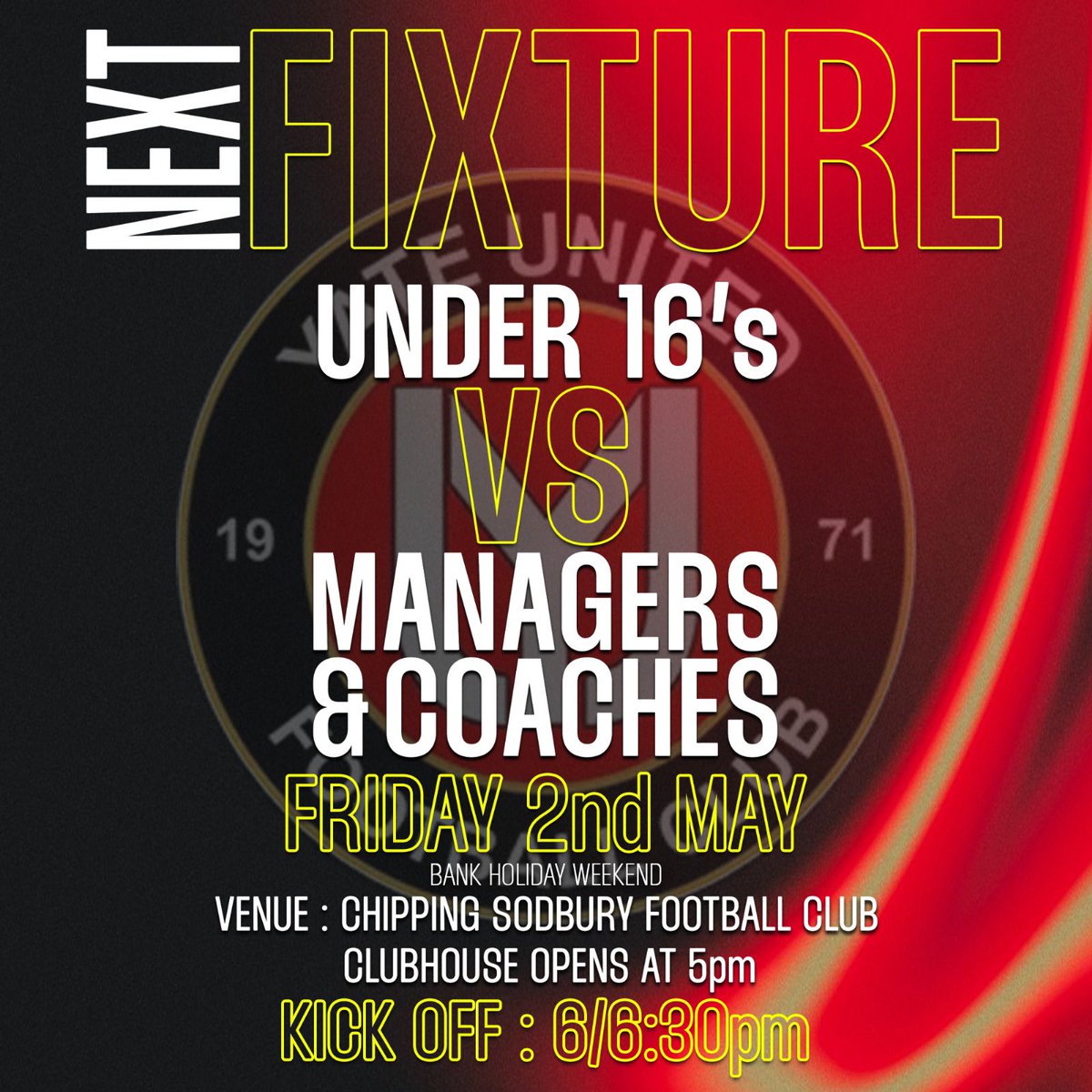 ⚽️Friday Night Football Alert!⚽️

Yate Utd U16s take on the Yate Utd Managers in a clash of youth vs experience!

Who will come out on top?

Come down, show your support, and enjoy a great evening of football!

#YateUtd  #U16sVsManagers #PeopleNotPlayers