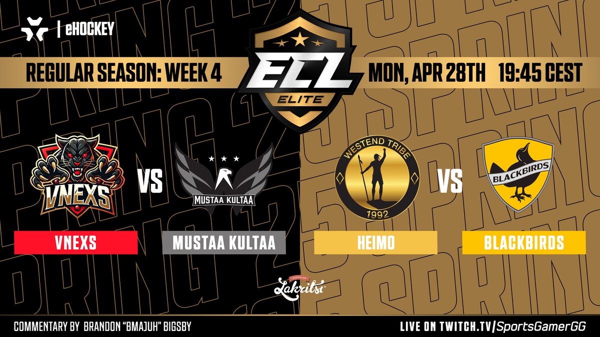 🔥 Week 4 of the #ECL25Spring Elite season is HERE! 

📺 Watch LIVE on twitch.tv/SportsGamerGG
⏰ 19:45 CEST | Monday, April 28th

🐆 <a href="/vNexsNHL/">vNexs</a> vs <a href="/MustaaKultaaNHL/">Mustaa Kultaa</a> 🦅
🟡 <a href="/HeimoEsports/">Heimo Esports</a> vs <a href="/BlackbirdsNHL/">BlackbirdsNHL</a> 🐦‍⬛

🎙️ Commentary by <a href="/bMaJuH/">MaJuH 🎥</a>

#eHockey | #NHL25 | #KouvolanLakritsi