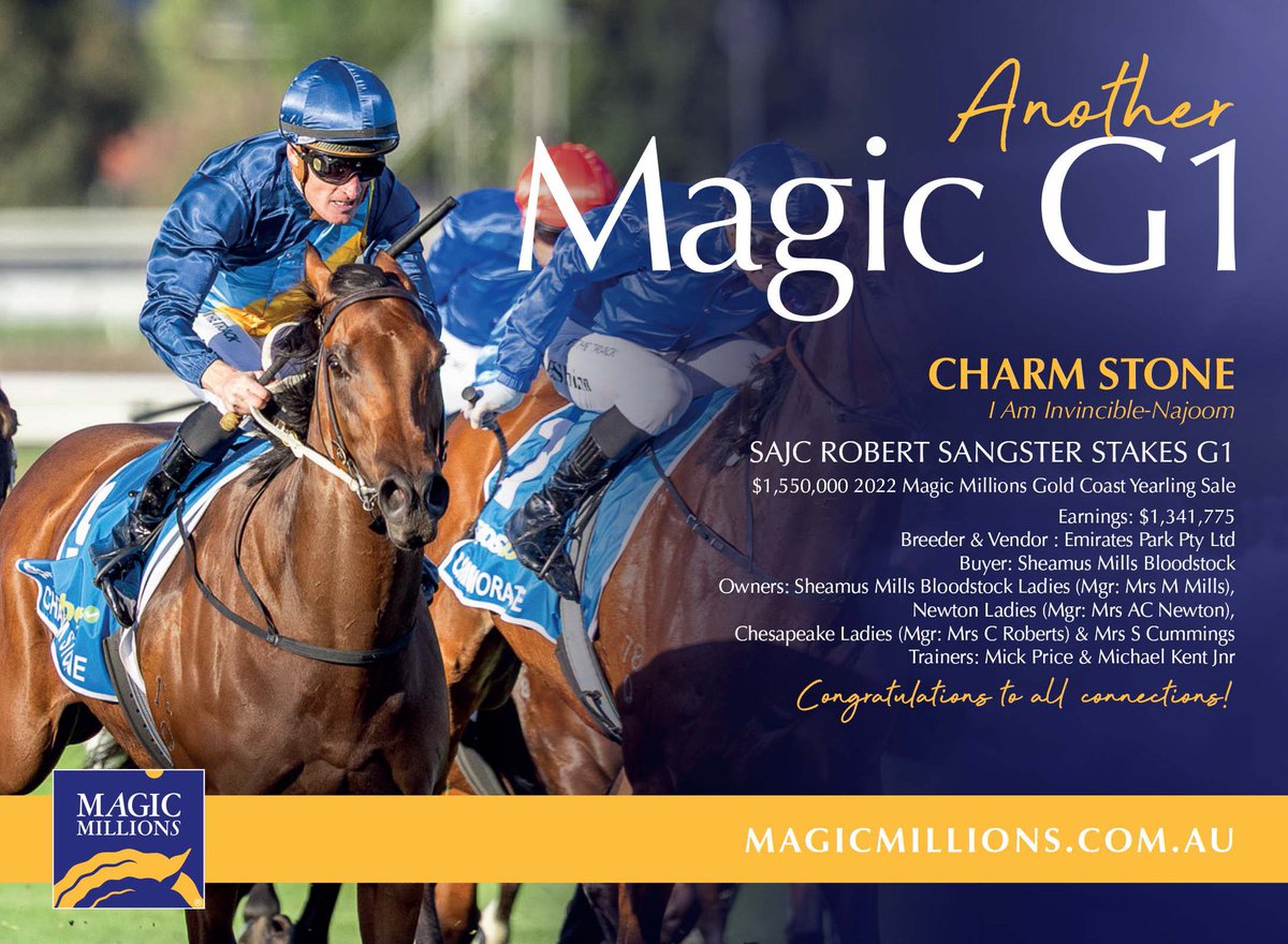 Emirates Park (@emiratespark) on Twitter photo Charm Stone ( I Am Invincible x Najoom) a <a href="/mmsnippets/">Magic Millions</a> graduate. Bred, Raised and sold by Emirates Park. Buy success and buy from a farm that gets results. Congrats to connections. #BuyEmirates <a href="/yarramanpark/">Yarraman Park Stud</a> <a href="/MickPriceRacing/">Price Kent Racing</a> <a href="/SMBloodstock/">Sheamus Mills</a> Charm Stone ( I Am Invincible x Najoom) a <a href="/mmsnippets/">Magic Millions</a> graduate. Bred, Raised and sold by Emirates Park. Buy success and buy from a farm that gets results. Congrats to connections. #BuyEmirates <a href="/yarramanpark/">Yarraman Park Stud</a> <a href="/MickPriceRacing/">Price Kent Racing</a> <a href="/SMBloodstock/">Sheamus Mills</a>