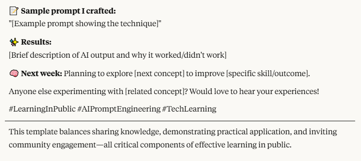 #ALX_AiSK <a href="/alx_africa/">ALX Africa</a> 
So as part of ALX AI Starter Kit (AiSK) program we are required to post about our progress each week. They idea is to learn in public...
I asked claude.ai the advantages of Learning in public. Here are the screenshots of what the AI generated: