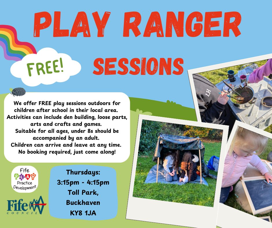 🌞NEW Play Ranger Session starting today! 

Today Thursday 1st May, we are starting a new, FREE Play Ranger session at Toll Park, Buckhaven. The sessions will run term time on Thursdays from 3:15 - 4:15pm.
Come and enjoy some den building, loose parts, arts and crafts, and more!